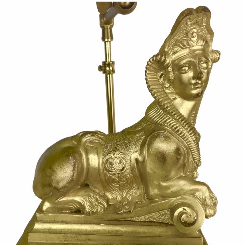 Lampe chenet sphinge en bronze doré