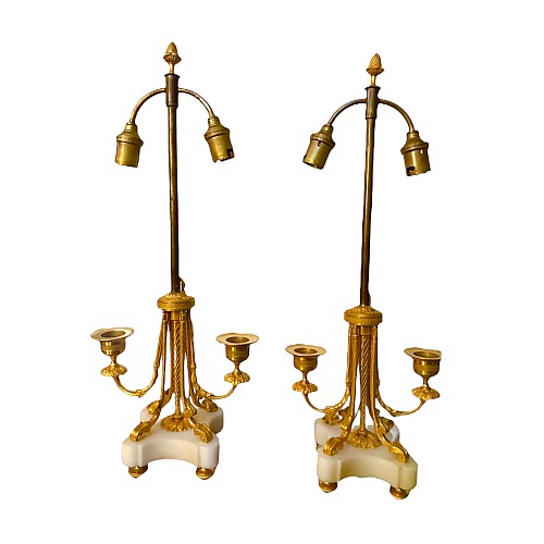 Paire De Lampes Chandeliers Bougeoirs Candélabres Electrifiés Bronze Dorée Marbre Style Louis XVI