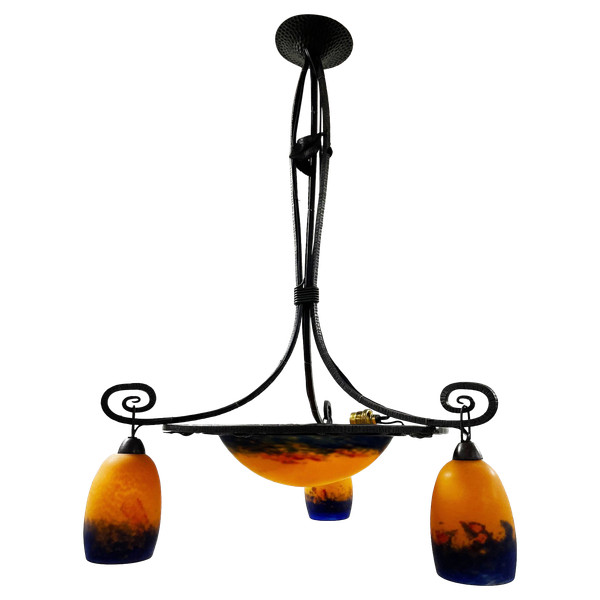 ART DECO CHANDELIER in wrought iron and glass paste signed DEGUE