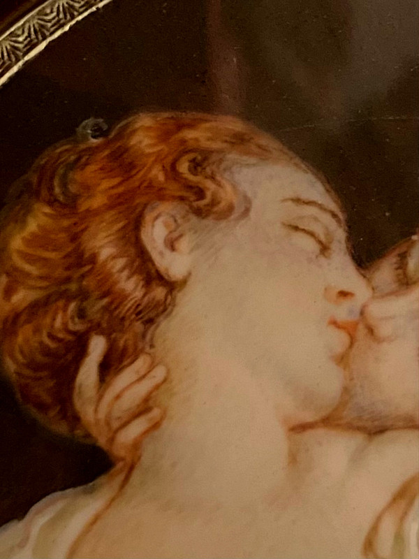  Beautiful miniature on ivory "the kiss" from the 19th century, this charming, torrid work of Fragonard