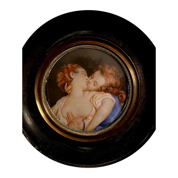  Beautiful miniature on ivory "the kiss" from the 19th century, this charming, torrid work of Fragonard