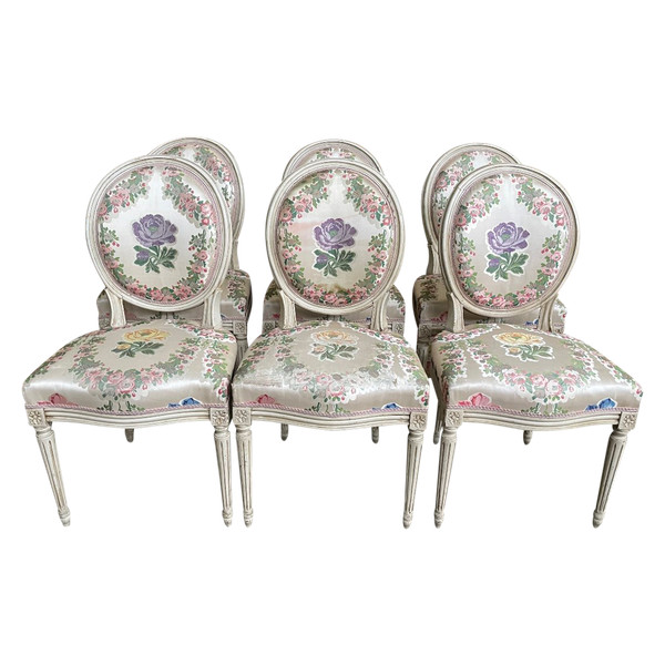 Suite De 6 Chaises Louis XVI Médaillon En Soierie