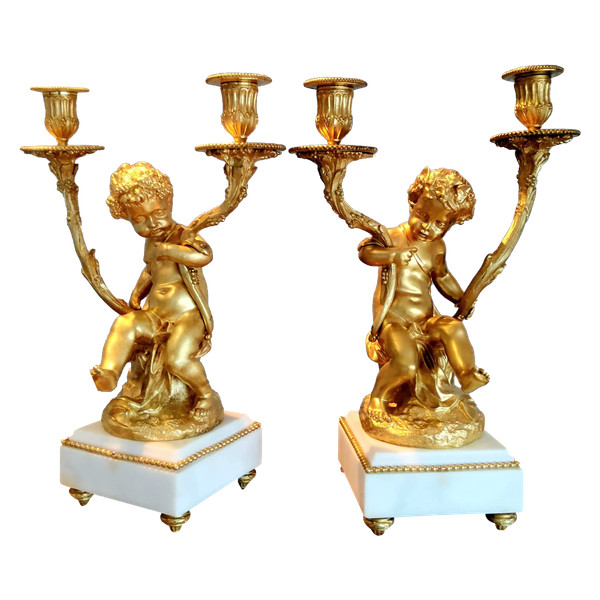 Pair of Candelabra in gilded bronzes Young Bacchus and Bacchante after Clodion Louis XVI Style