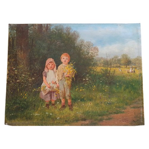 Children with Flowers: J.O. Banks oil on panel, signed.