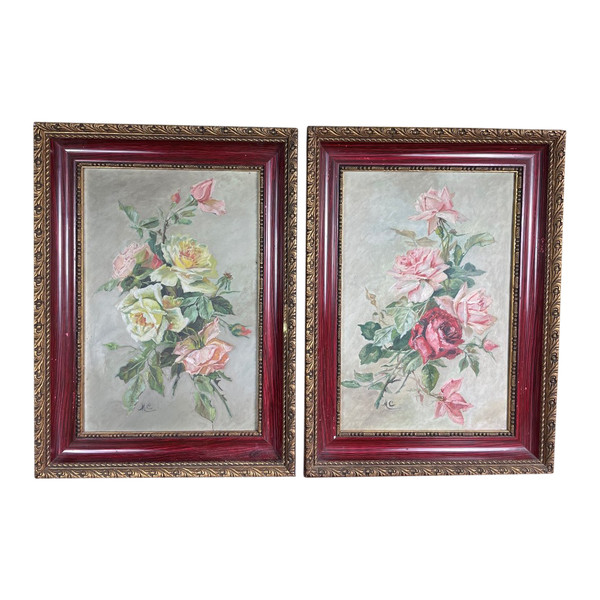 Paar Öle „Rosensträuße“ um 1900