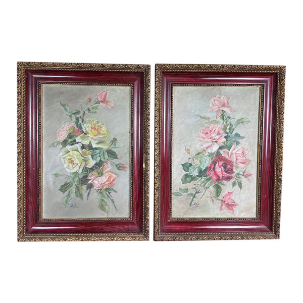 Pair Of Oils “Bouquets of Roses” 1900