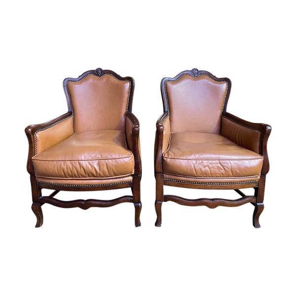 Paire De Bergères Anglaises En Cuir Havane