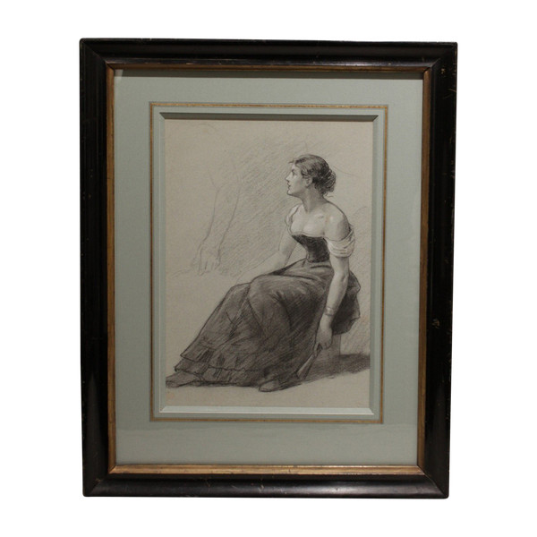 Charcoal and white chalk drawing 'Woman seated with a fan' Victor René Livache (1872-1944)