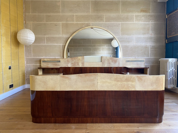 Grande letto con comodini integrati in palissandro e pergamena, Art Déco, XX secolo