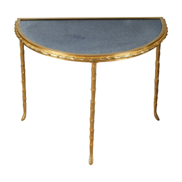 Small half moon table with aged mirror top in bronze, Maison Baguès