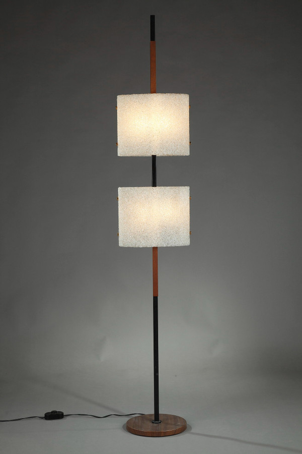 Scandinavian floor lamp in black lacquered steel and teak with two granite perspex diffusers