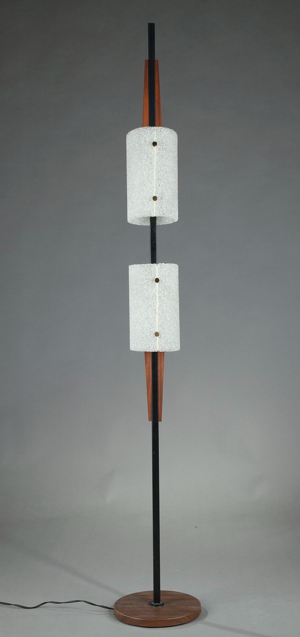 Scandinavian floor lamp in black lacquered steel and teak with two granite perspex diffusers