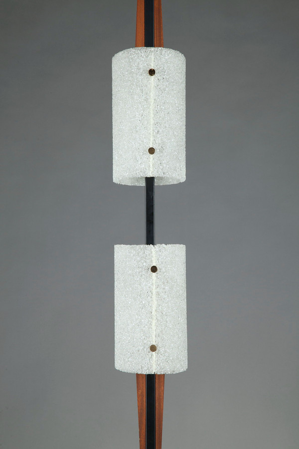 Scandinavian floor lamp in black lacquered steel and teak with two granite perspex diffusers