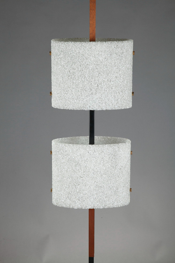 Scandinavian floor lamp in black lacquered steel and teak with two granite perspex diffusers