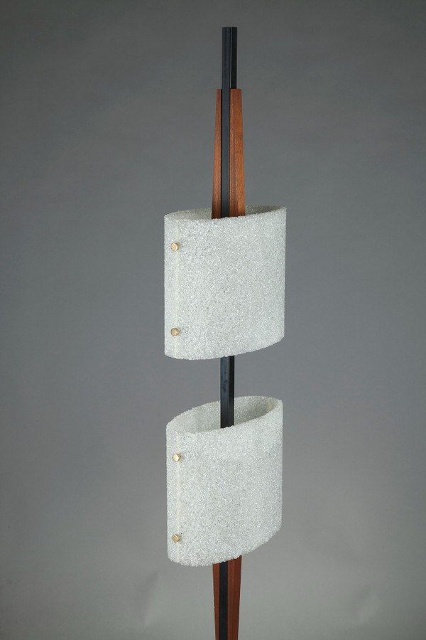 Scandinavian floor lamp in black lacquered steel and teak with two granite perspex diffusers