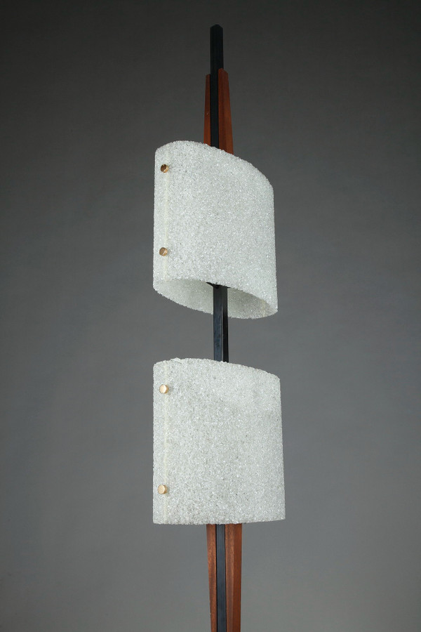Scandinavian floor lamp in black lacquered steel and teak with two granite perspex diffusers