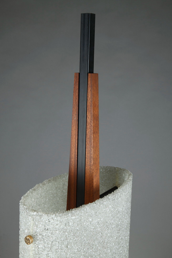 Scandinavian floor lamp in black lacquered steel and teak with two granite perspex diffusers