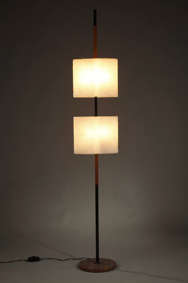 Scandinavian floor lamp in black lacquered steel and teak with two granite perspex diffusers