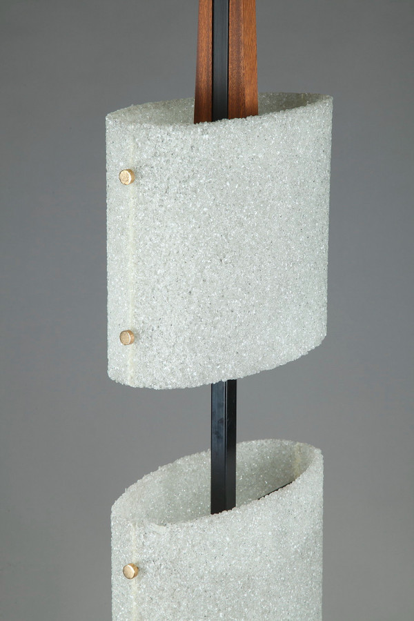 Scandinavian floor lamp in black lacquered steel and teak with two granite perspex diffusers