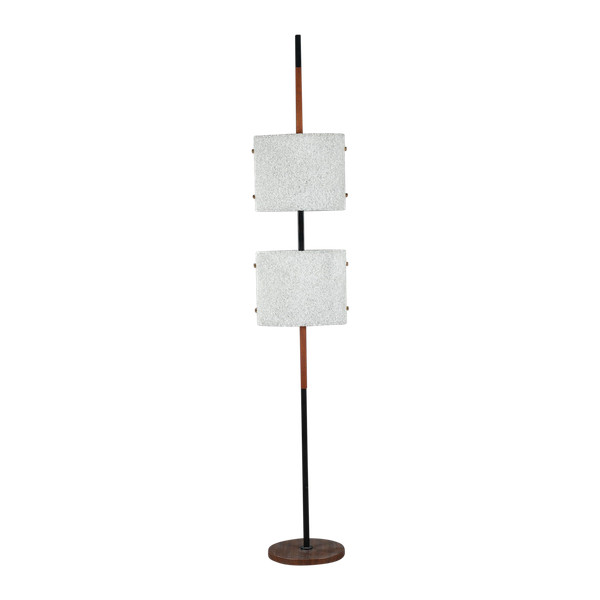 Scandinavian floor lamp in black lacquered steel and teak with two granite perspex diffusers