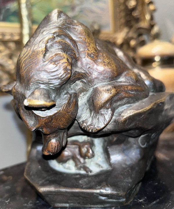 PAILLET Charles (1871-1937) Art Deco Animal Bronze, Bear And Rabbit. Sign