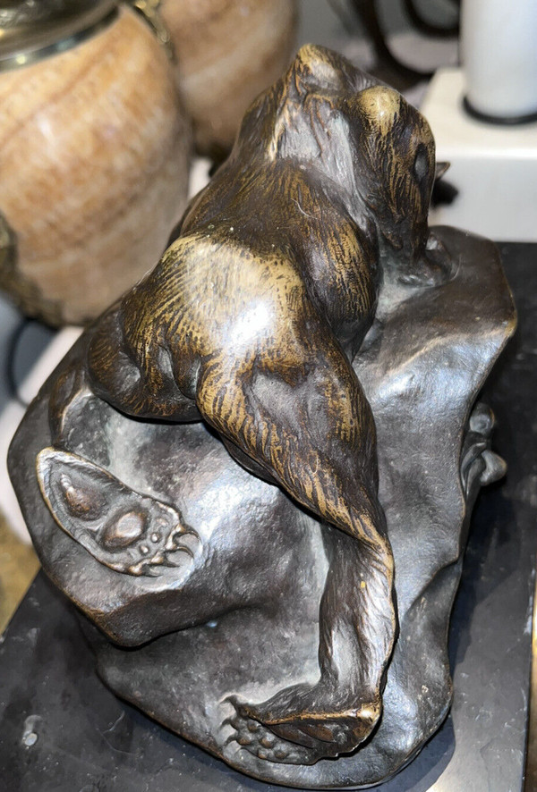 PAILLET Charles (1871-1937) Art Deco Animal Bronze, Bear And Rabbit. Sign