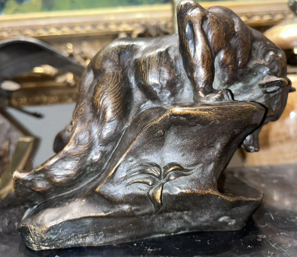 PAILLET Charles (1871-1937) Art Deco Animal Bronze, Bear And Rabbit. Sign
