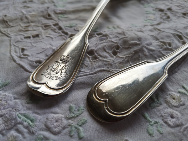 Service à servir le poisson en argent massif 800 (aigle) et vermeil couronne et monogramme ALLEMAGNE