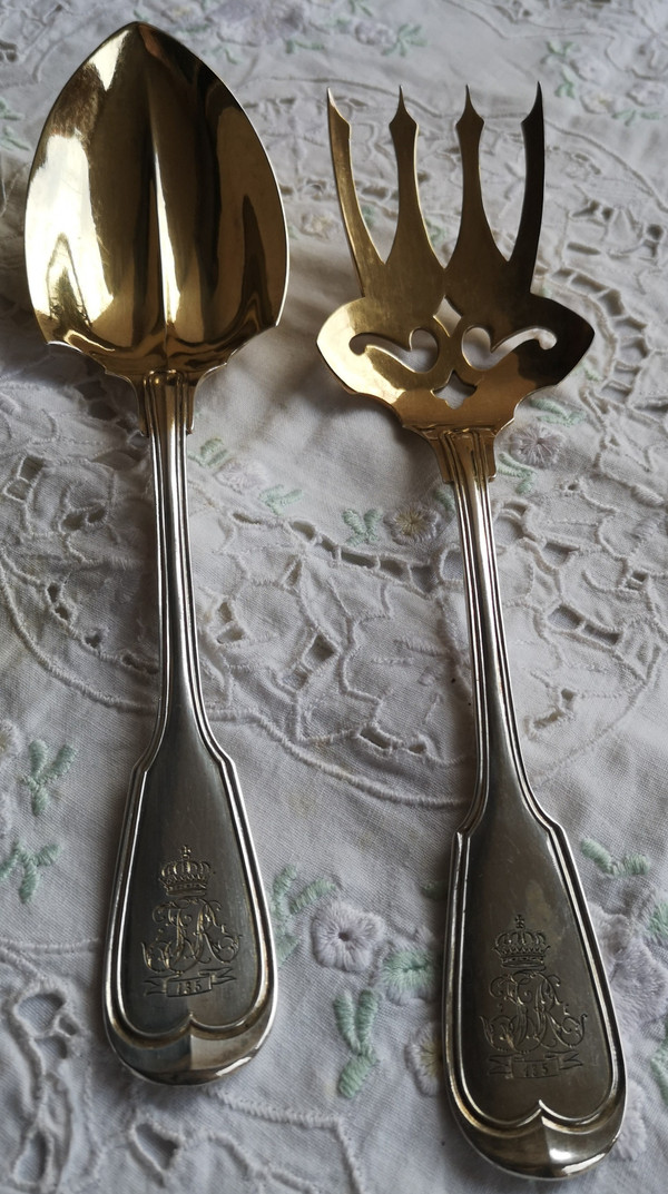 Service à servir le poisson en argent massif 800 (aigle) et vermeil couronne et monogramme ALLEMAGNE