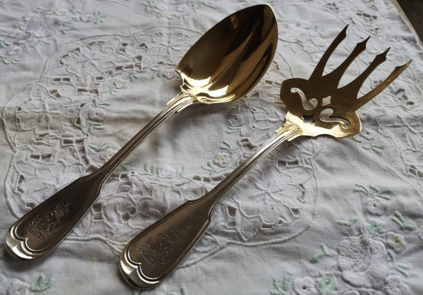Service à servir le poisson en argent massif 800 (aigle) et vermeil couronne et monogramme ALLEMAGNE