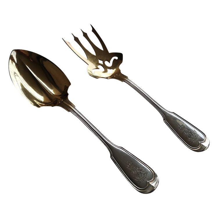 Service à servir le poisson en argent massif 800 (aigle) et vermeil couronne et monogramme ALLEMAGNE