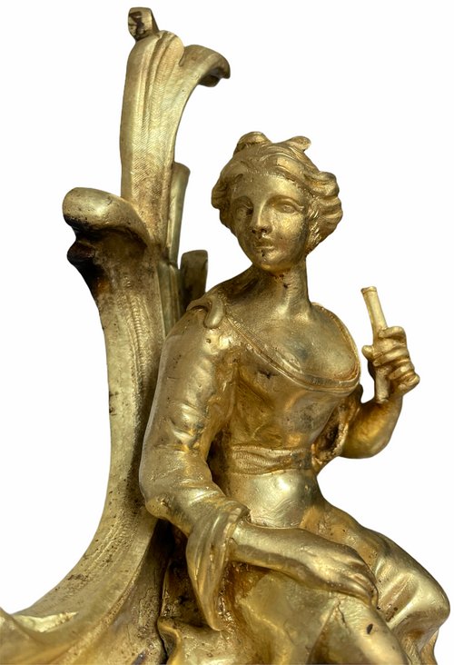 Pair of Louis XV style gilt bronze andirons representing a couple seated on rockery