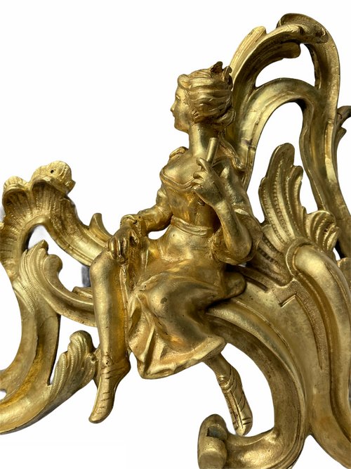 Pair of Louis XV style gilt bronze andirons representing a couple seated on rockery