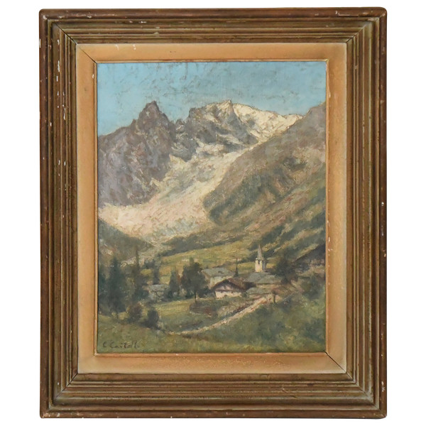 Clément CASTELLI (1870-1959) Huile sur toile "Village d'Entrèves. Mont Blanc, versant Italien"