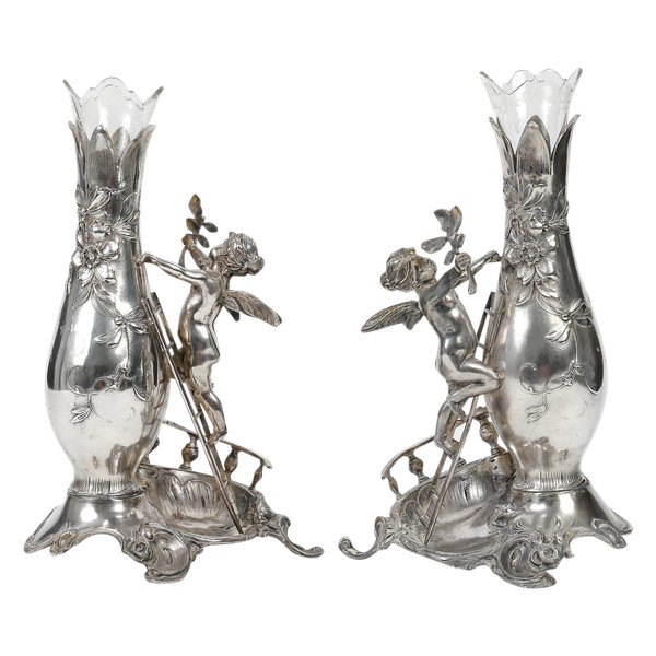 A pair of Art Nouveau silver-plated soliflore vases, 20th century period