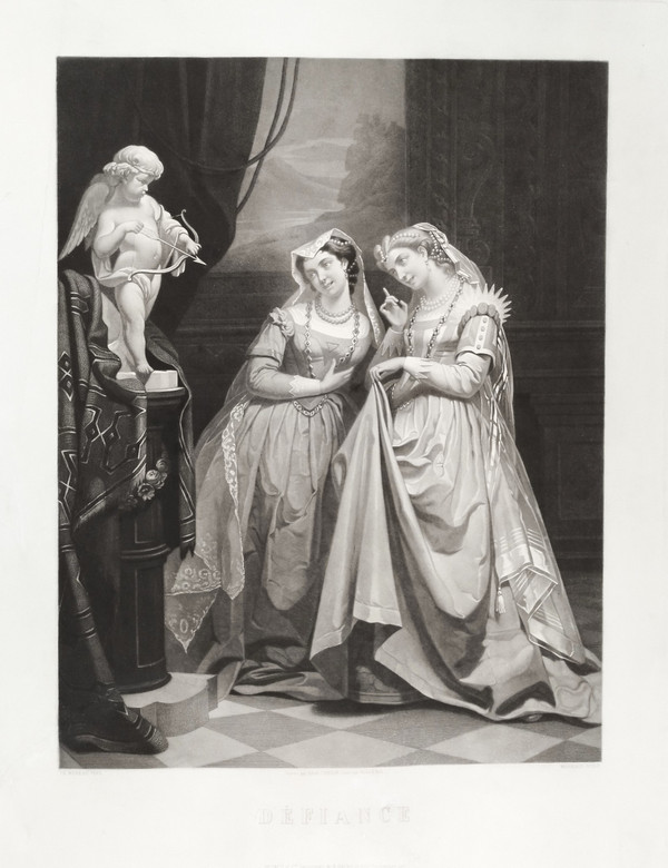 Etching Défiance Large Engraving After Charles Moreau 19th C Old Print