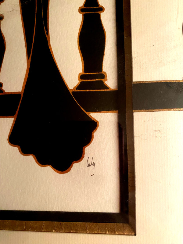 Elegantes schwarzes Abendkleid mit Balustrade in Gouache und Tusche von Laly; 90er Jahre