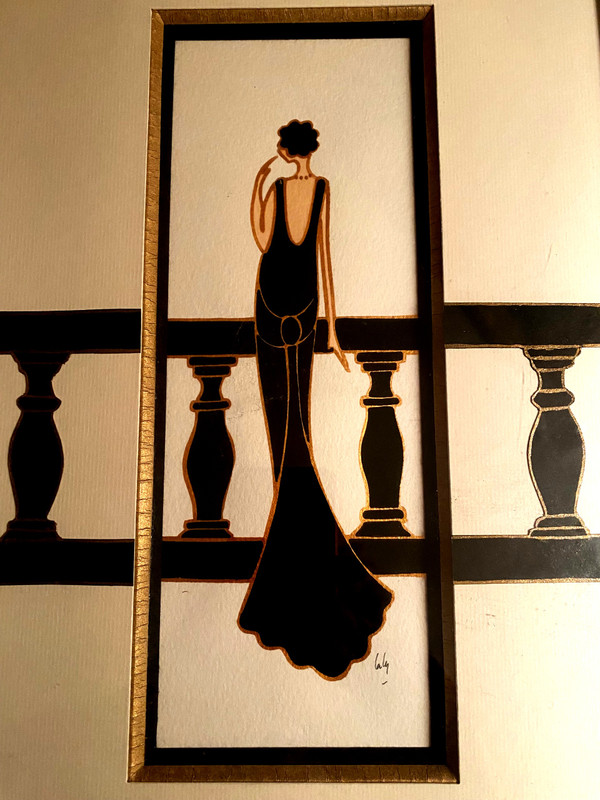 Elegantes schwarzes Abendkleid mit Balustrade in Gouache und Tusche von Laly; 90er Jahre
