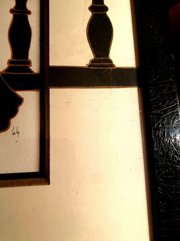 Elegantes schwarzes Abendkleid mit Balustrade in Gouache und Tusche von Laly; 90er Jahre