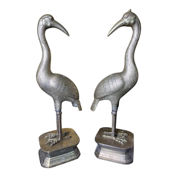 Pair Of Bronze Heron Cranes