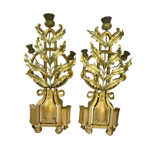 Paar Jugendstil vergoldete Bronze Distel Andirons