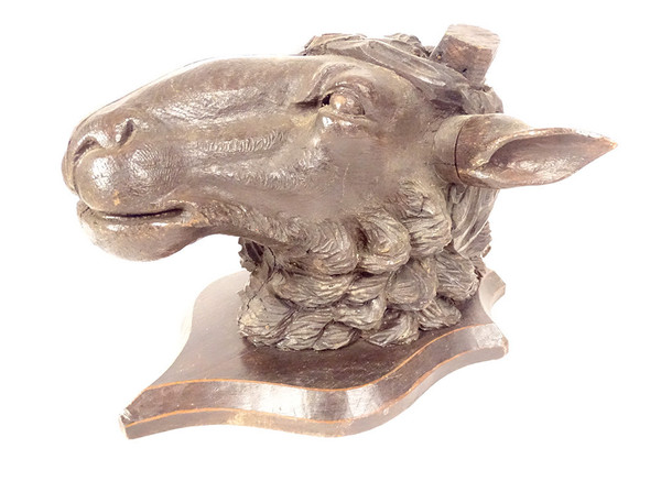 Sculpture Bois Sculpté Black Forest Tête Bélier Mouton Trophée Chasse XIXè