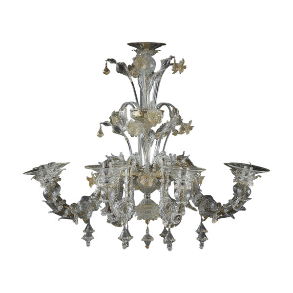 LARGE MURANO GLASS CHANDELIER WITH EIGHT ARMS OF LIGHT DECORATED WITH GOLD 