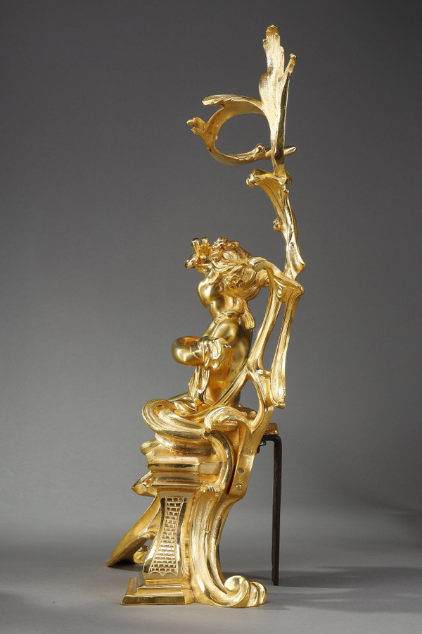 Coppia di alari in bronzo dorato, stile Luigi XV