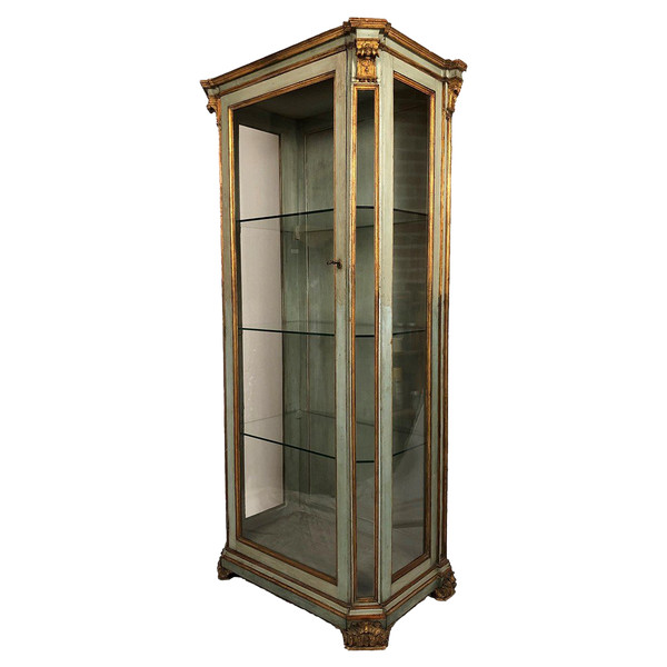 Vitrine en bois laqué bleu/vert, rechampi or, Italie XVIIIe-début XIXe