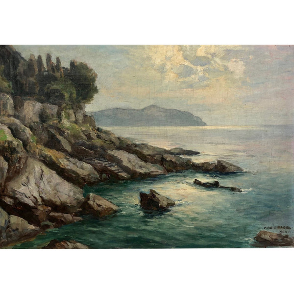 Huile sur toile " La Côte de Nervi" du peintre Max Usadel