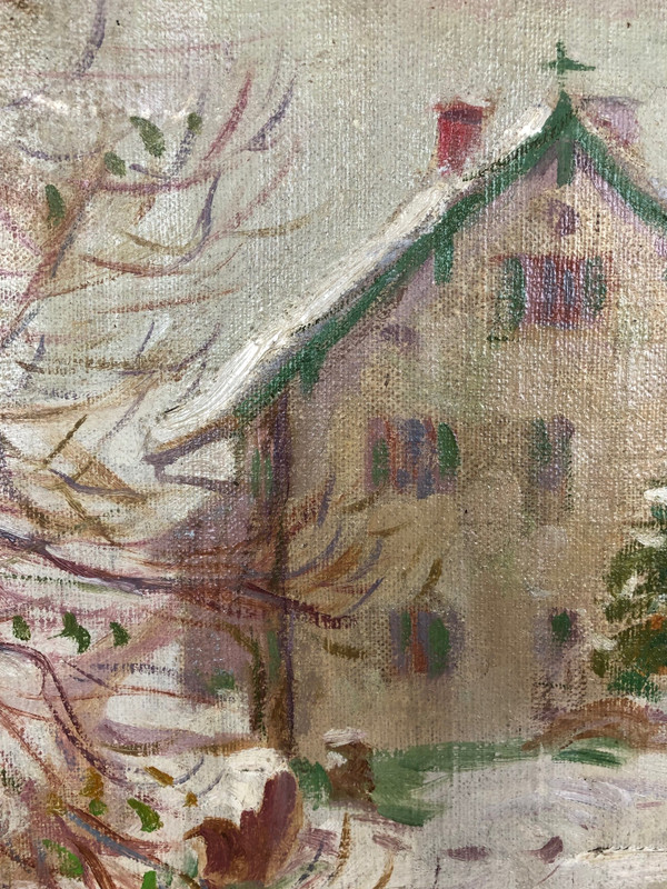Großes Öl auf Leinwand in einem hübschen Rahmen „Schneelandschaft“, signiert Leguilloux