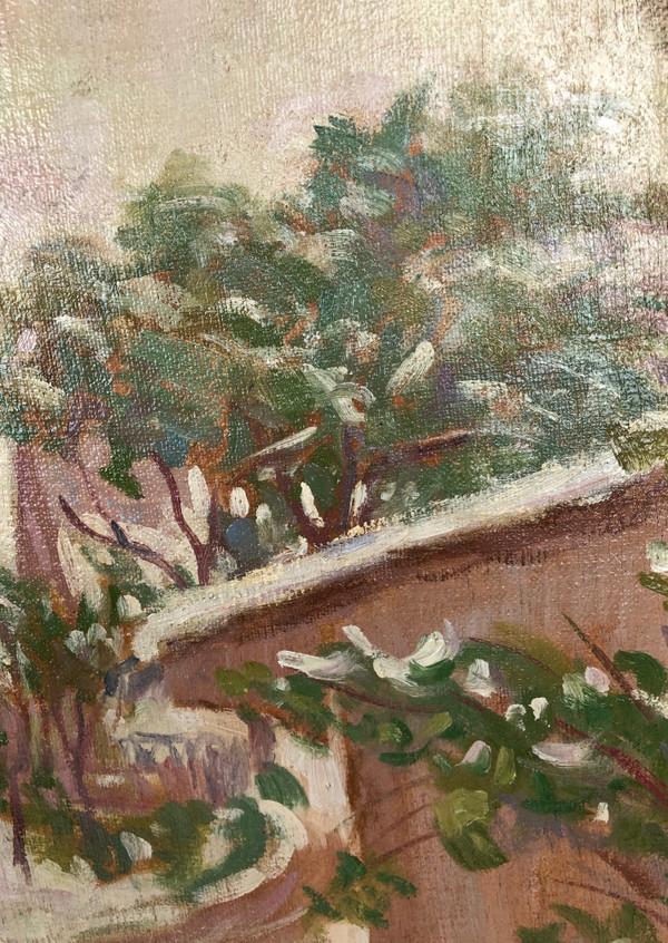 Großes Öl auf Leinwand in einem hübschen Rahmen „Schneelandschaft“, signiert Leguilloux