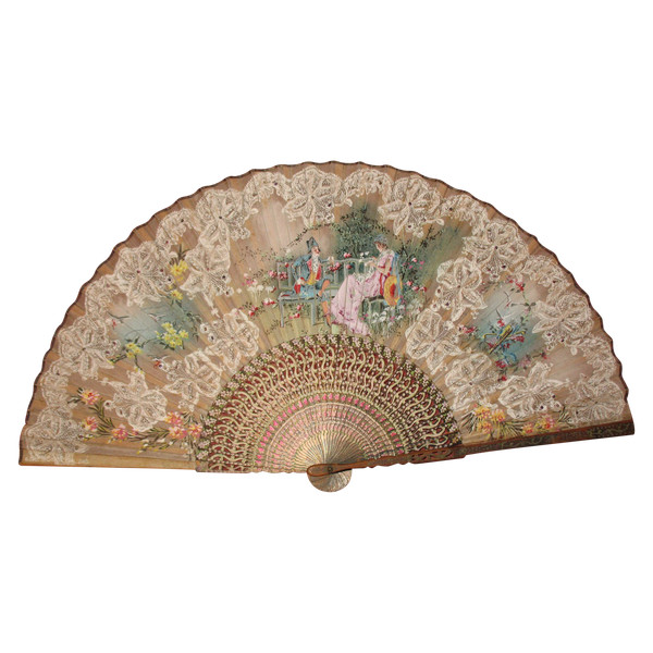 Fan with lace decoration, genre scene, flowers and birds painted on gauze, 19th century