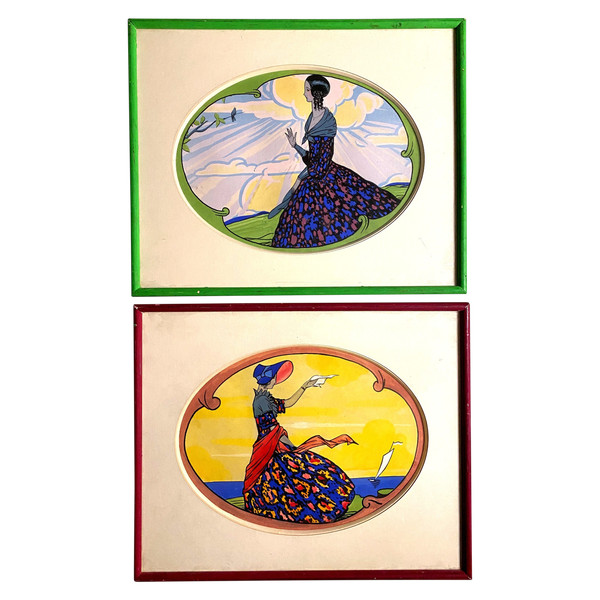 Beautiful pair of framed gouaches representing Pretty Women in beautiful dresses in a landscape